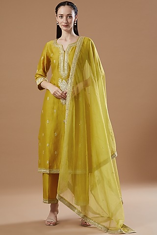 Deep Yellow Embroidered Kurta Set by KAIA