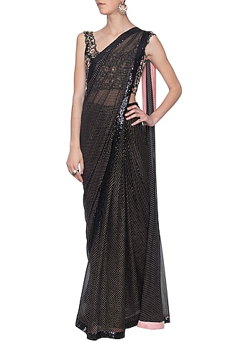 Black Georgette & Silk Embroidered Saree Set by KAIA