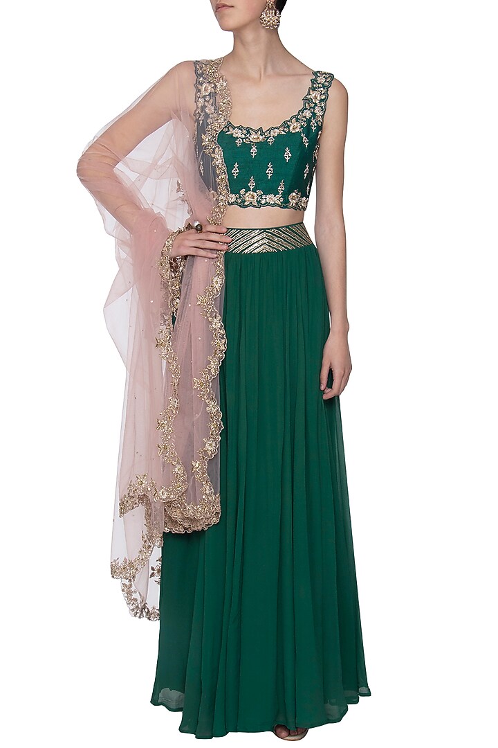 Emerald green embroidered lehenga set available only at Pernia's Pop Up Shop.