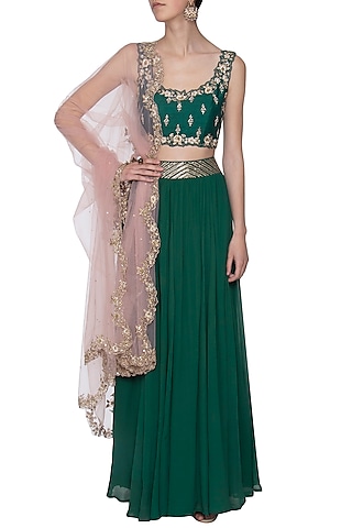 Emerald green embroidered lehenga set by KAIA