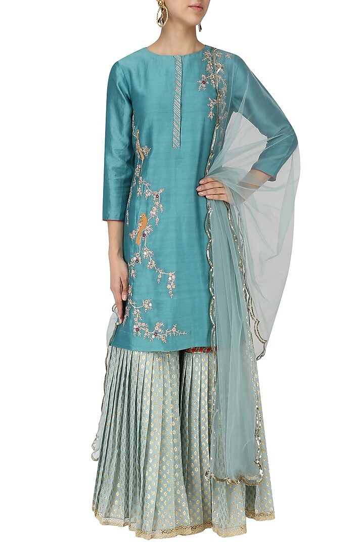 Teal embroidered kurta with light blue gharara and dupatta set available only at Pernia's Pop Up Shop.