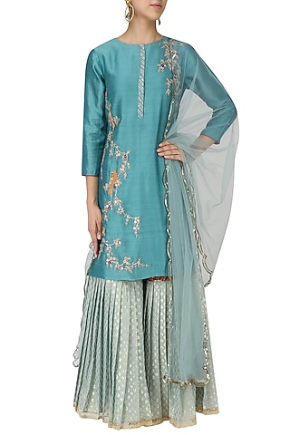 Teal Embroidered Kurta with Light Blue Gharara and Dupatta Set by KAIA