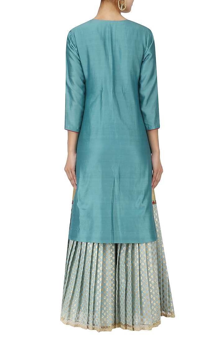 Teal embroidered kurta with light blue gharara and dupatta set available only at Pernia's Pop Up Shop.