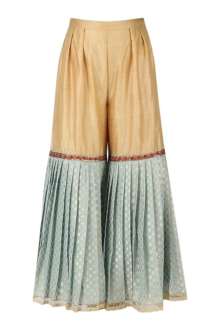 Teal embroidered kurta with light blue gharara and dupatta set available only at Pernia's Pop Up Shop.