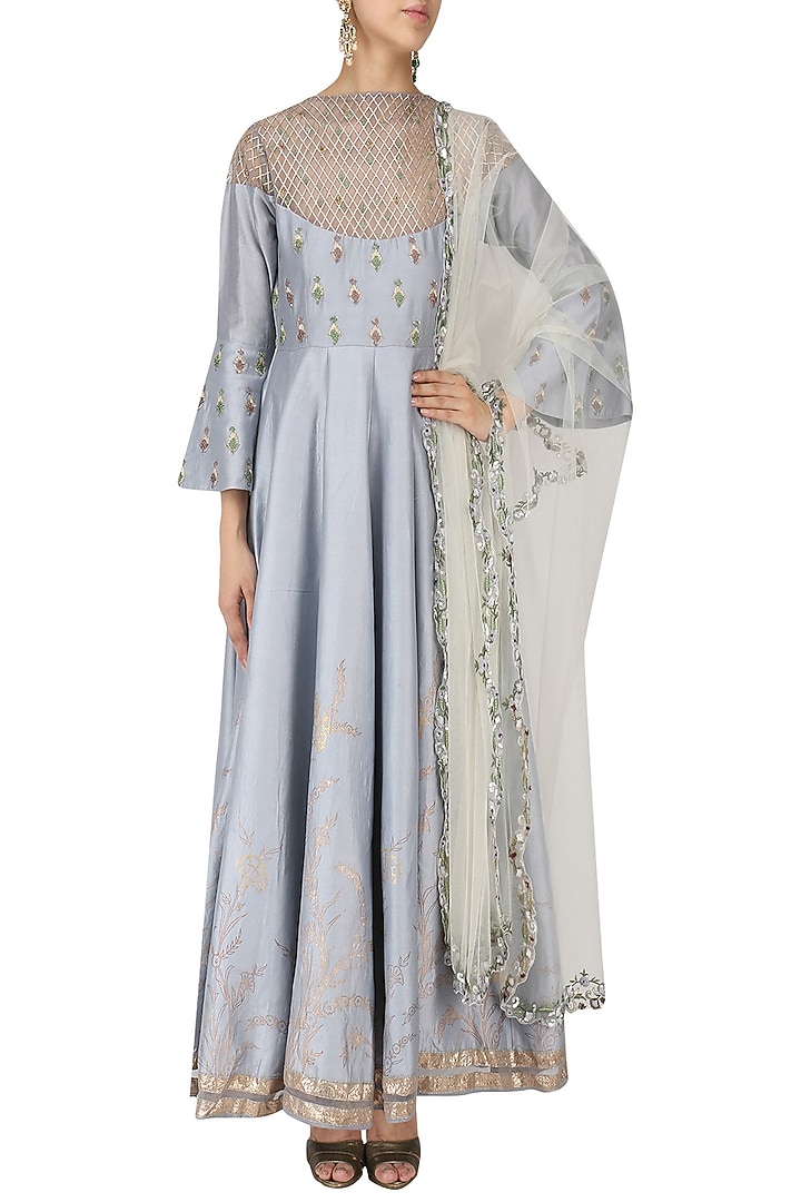 Dusky blue embroidered anarkali and white dupatta set available only at Pernia's Pop Up Shop.