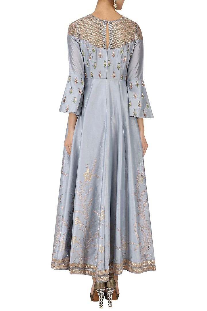Dusky blue embroidered anarkali and white dupatta set available only at Pernia's Pop Up Shop.