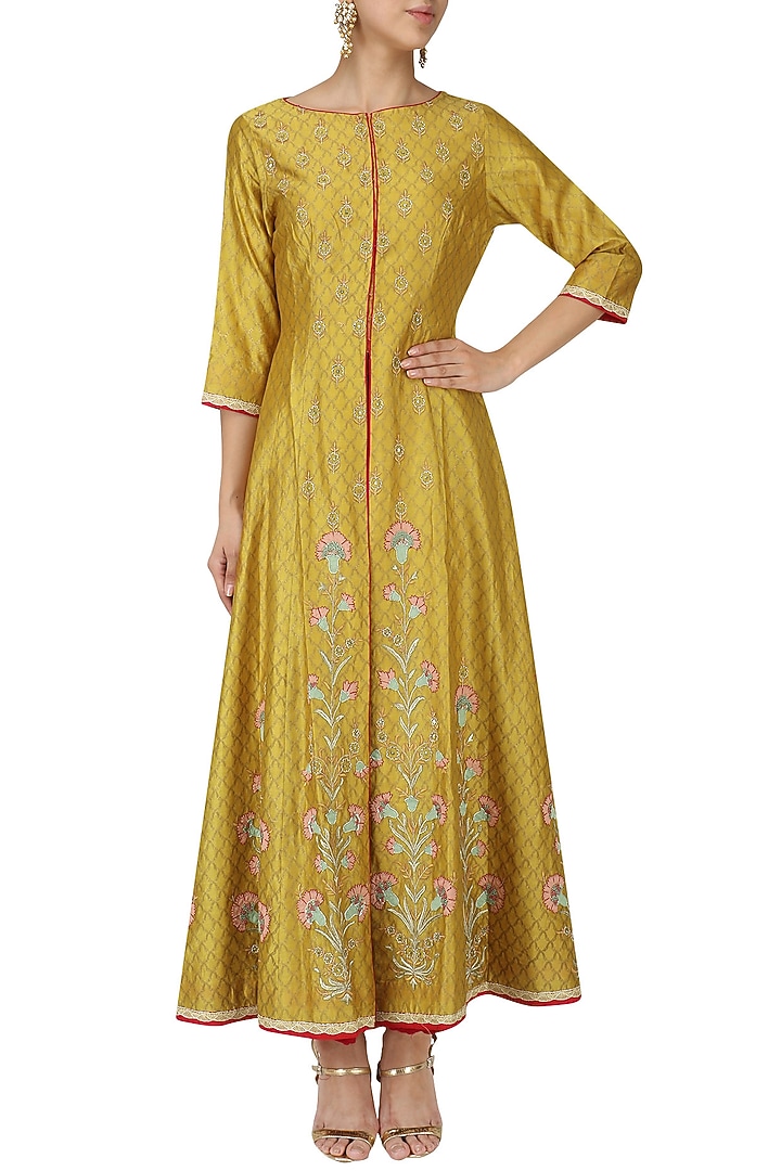Dusky yellow embroidered kalidaar jacket with red palazzo pants and dupatta set available only at Pernia's Pop Up Shop.
