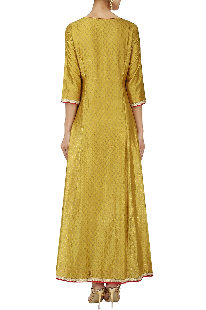Dusky yellow embroidered kalidaar jacket with red palazzo pants and dupatta set available only at Pernia's Pop Up Shop.