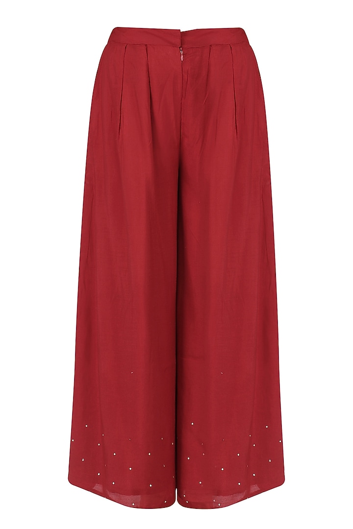Dusky yellow embroidered kalidaar jacket with red palazzo pants and dupatta set available only at Pernia's Pop Up Shop.