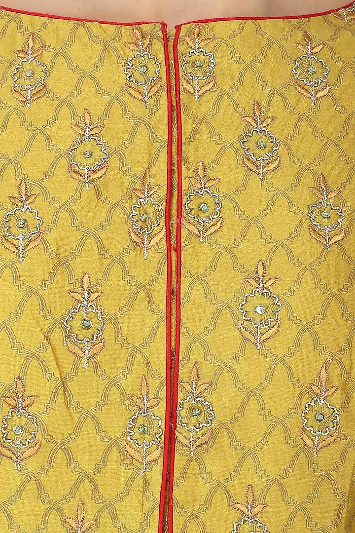 Dusky yellow embroidered kalidaar jacket with red palazzo pants and dupatta set available only at Pernia's Pop Up Shop.