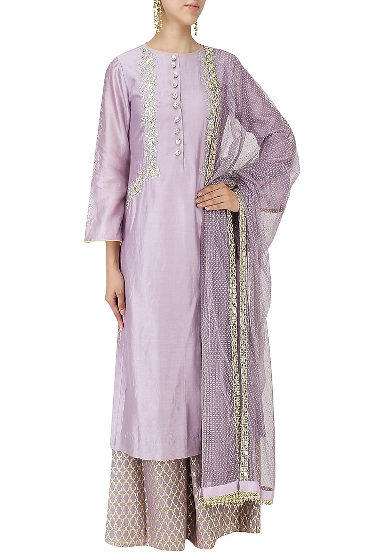 Muave mirror work kurta with palazzo pants and dupatta set available only at Pernia's Pop Up Shop.