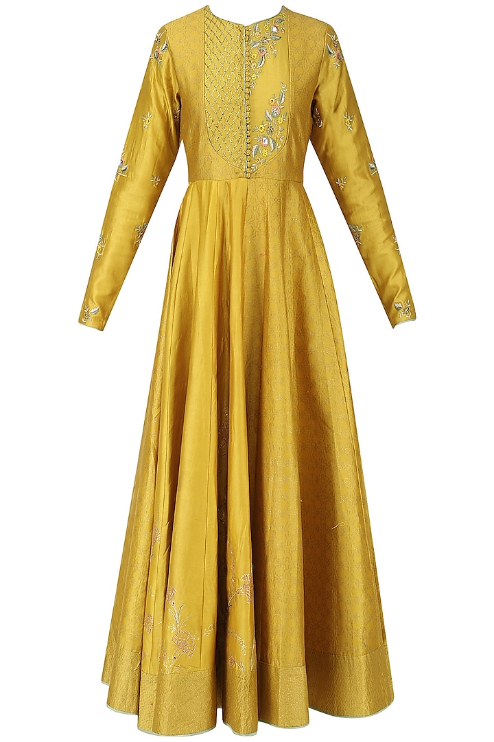 Dusky yellow embroidered anarkali and orange dupatta set available only at Pernia's Pop Up Shop.