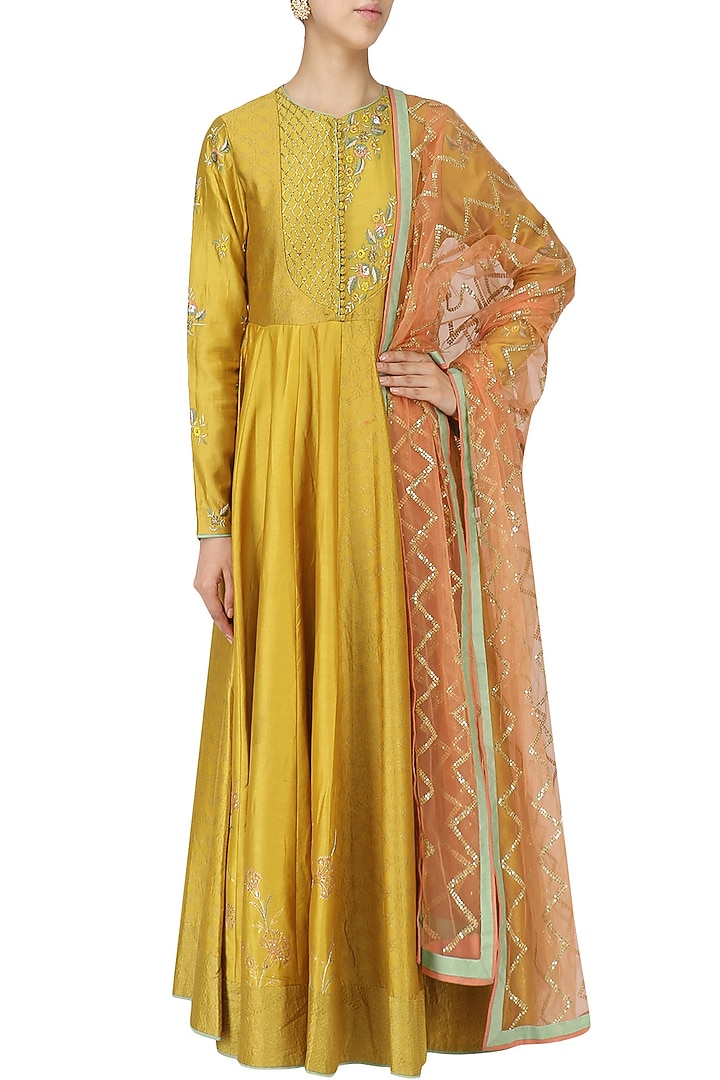 Dusky yellow embroidered anarkali and orange dupatta set available only at Pernia's Pop Up Shop.