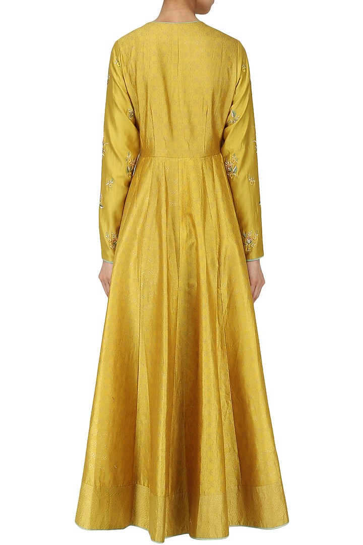 Dusky yellow embroidered anarkali and orange dupatta set available only at Pernia's Pop Up Shop.