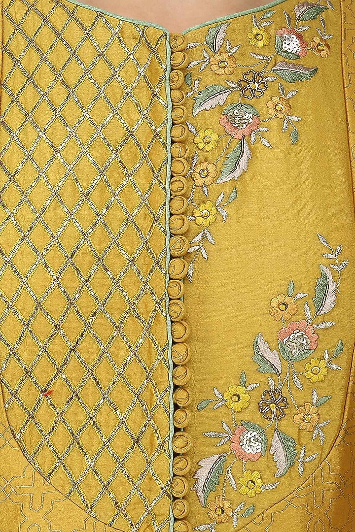 Dusky yellow embroidered anarkali and orange dupatta set available only at Pernia's Pop Up Shop.