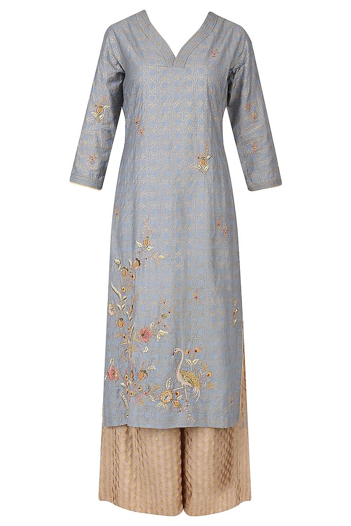 Dusky Blue Embroidered Kurta with Banarasi Palazzo Pants and Dupatta Set by KAIA