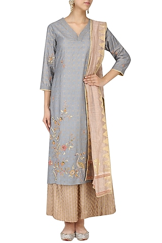 Dusky Blue Embroidered Kurta with Banarasi Palazzo Pants and Dupatta Set by KAIA
