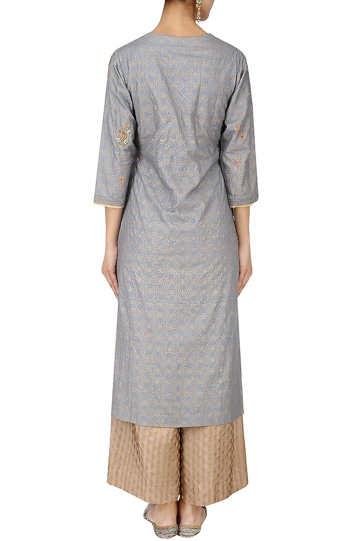 Dusky blue embroidered kurta with banarasi palazzo pants and dupatta set available only at Pernia's Pop Up Shop.