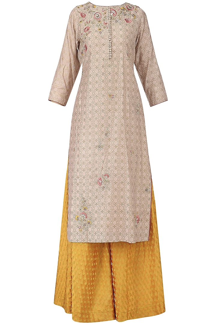 Taupe Embroidered Kurta with Banarasi Sharara and Dupatta Set by KAIA