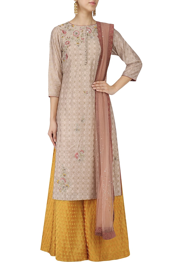 Taupe embroidered kurta with banarasi sharara and dupatta set available only at Pernia's Pop Up Shop.