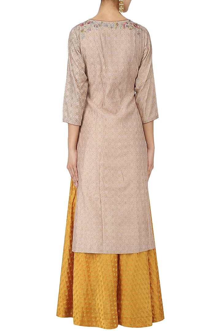 Taupe embroidered kurta with banarasi sharara and dupatta set available only at Pernia's Pop Up Shop.