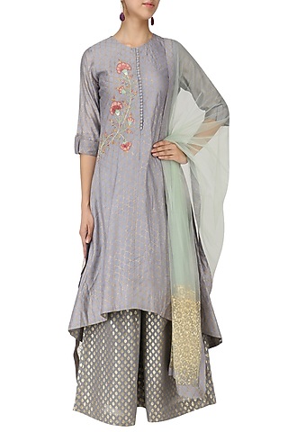 Dusky Blue Embroidered Asymmetrical Kurta with Palazzo Pants and Dupatta Set by KAIA