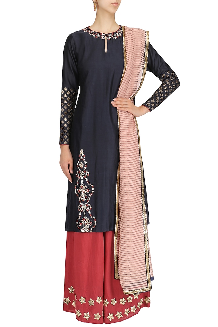 Indigo blue embroidered block printing kurta and palazzo set available only at Pernia's Pop Up Shop.
