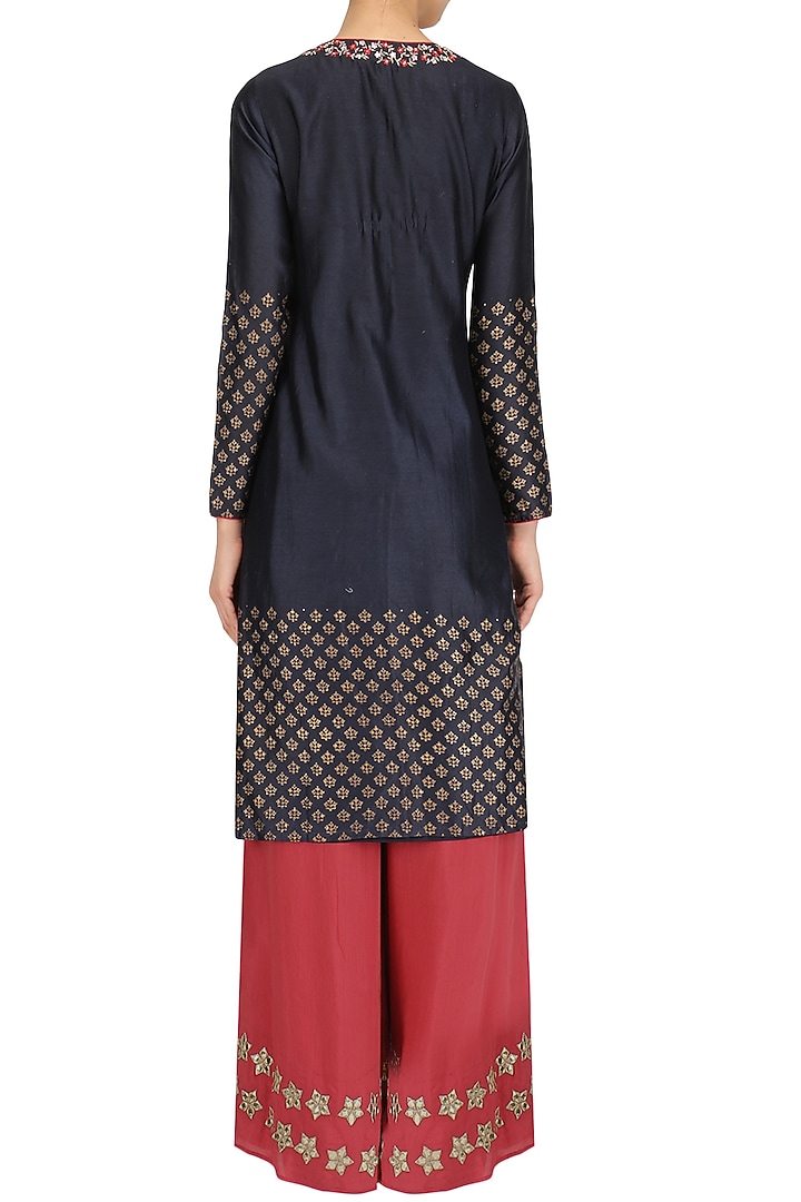 Indigo blue embroidered block printing kurta and palazzo set available only at Pernia's Pop Up Shop.