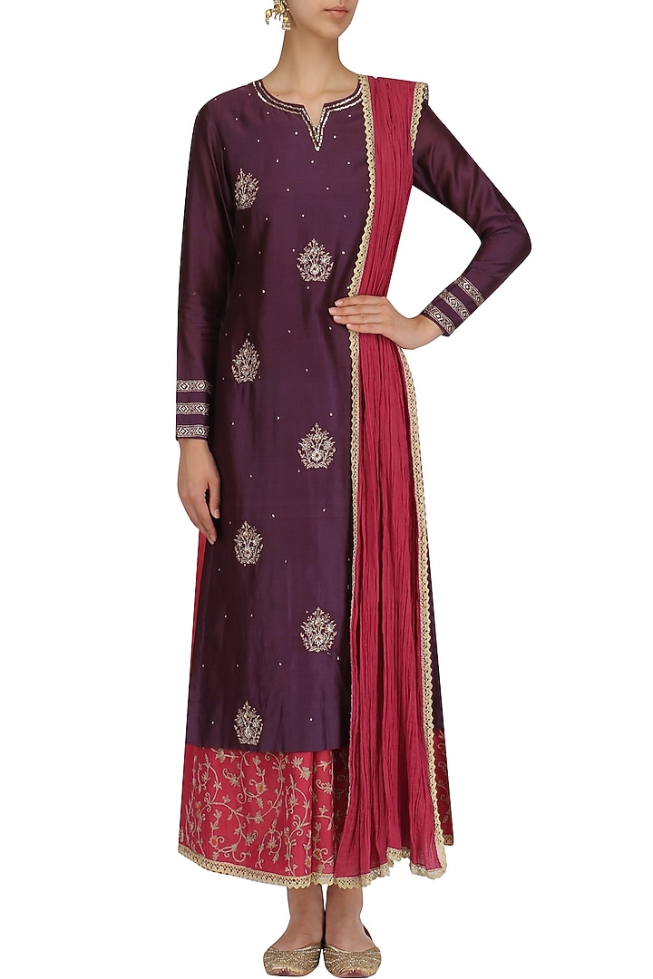Deep purple embroidered kurta and palazzo set available only at Pernia's Pop Up Shop.