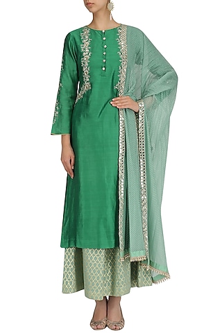 Meadow Green Embroidered Kurta and Banarasi Palazzo Set by KAIA