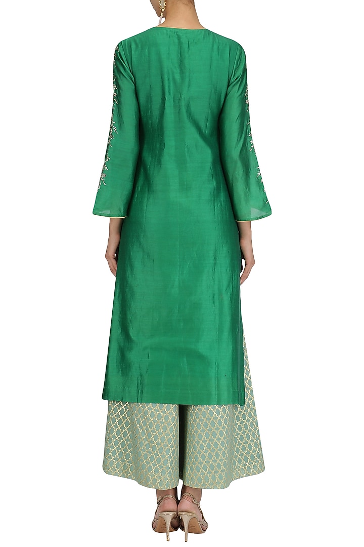 Meadow green embroidered kurta and banarasi palazzo set available only at Pernia's Pop Up Shop.