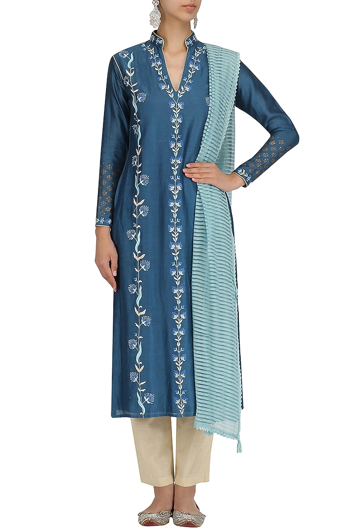 Ink blue embroidred kurta and khadi pants set available only at Pernia's Pop Up Shop.
