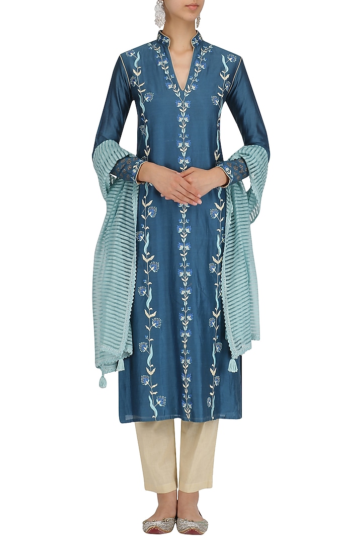 Ink blue embroidred kurta and khadi pants set available only at Pernia's Pop Up Shop.