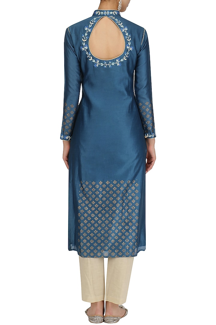 Ink blue embroidred kurta and khadi pants set available only at Pernia's Pop Up Shop.