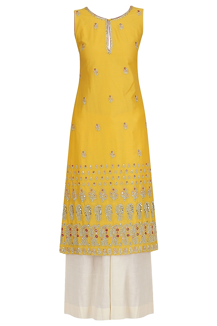 Yellow embroidered kurta and khadi palazzo set available only at Pernia's Pop Up Shop.