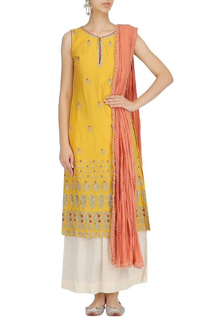 Yellow embroidered kurta and khadi palazzo set available only at Pernia's Pop Up Shop.
