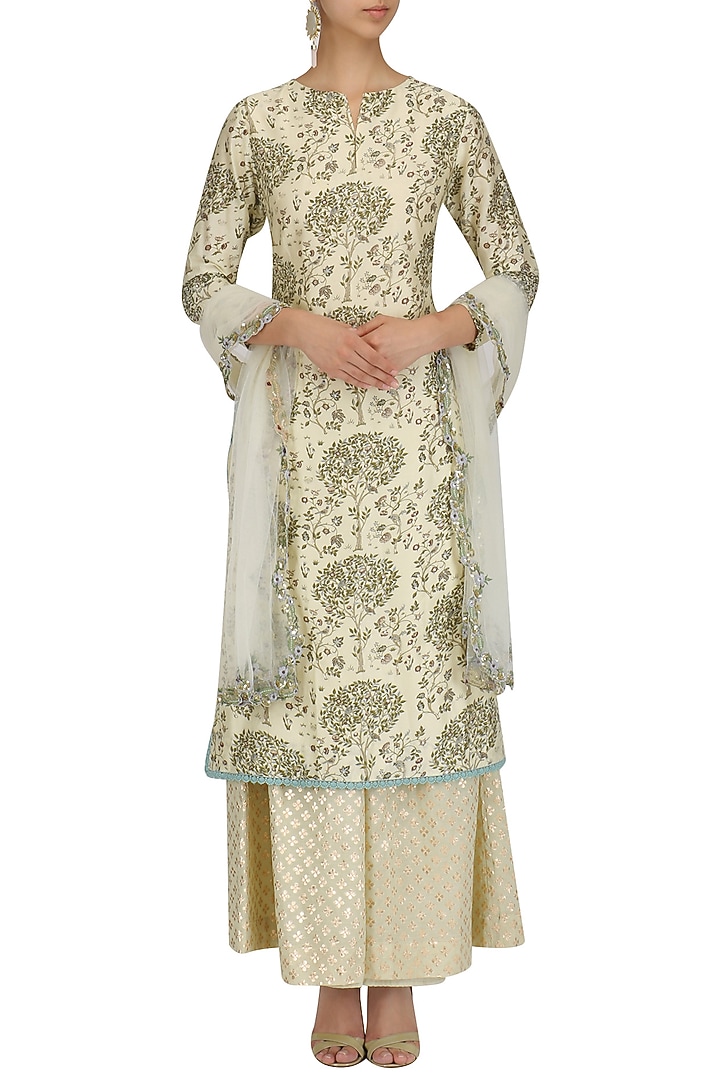 Ivory printed kurta and banarasi pallazo set available only at Pernia's Pop Up Shop.