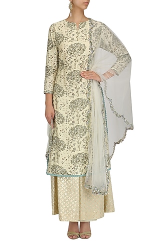 Ivory Printed Kurta and Banarasi Pallazo Set by KAIA