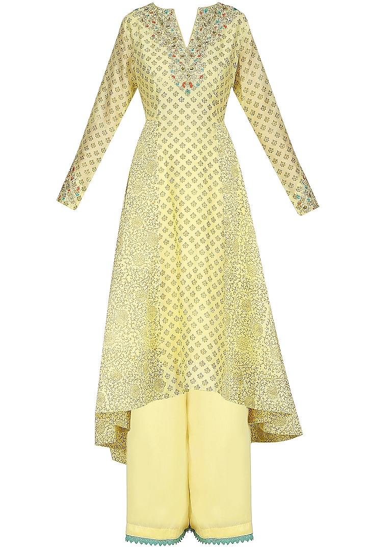 Cream Asymmetrical Block Printing Kurta and Pants Set by KAIA