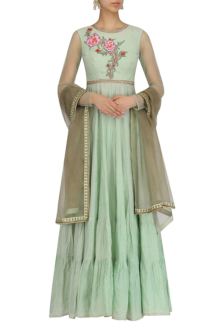 Sea green embroidered tier anarkali set available only at Pernia's Pop Up Shop.