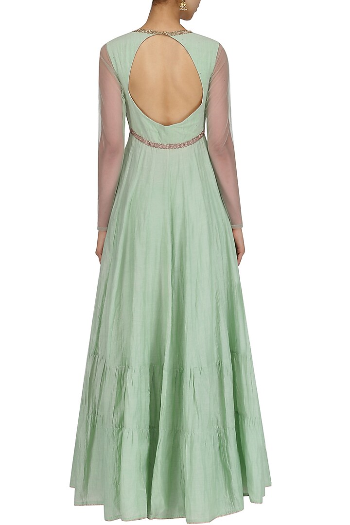 Sea green embroidered tier anarkali set available only at Pernia's Pop Up Shop.