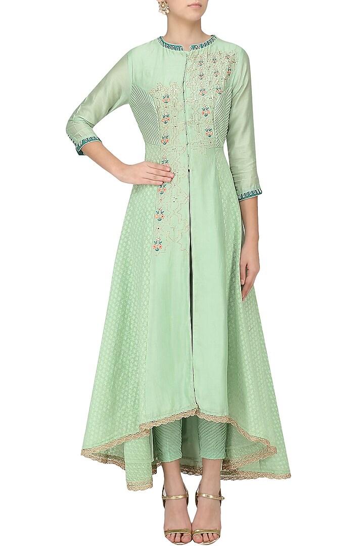 Sea green embroidered jaquard jacket with pants set available only at Pernia's Pop Up Shop.