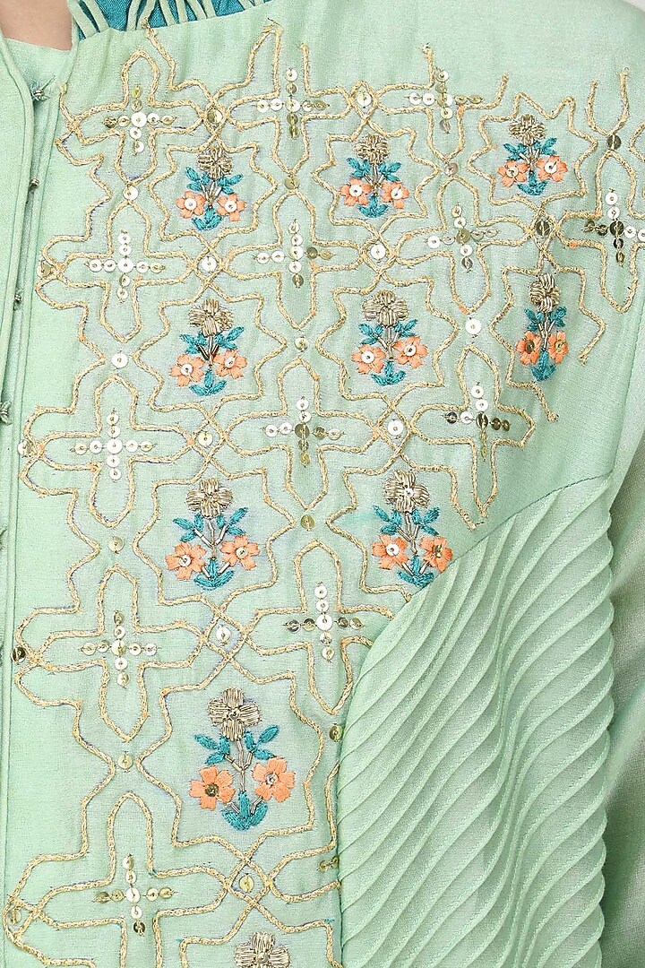 Sea green embroidered jaquard jacket with pants set available only at Pernia's Pop Up Shop.
