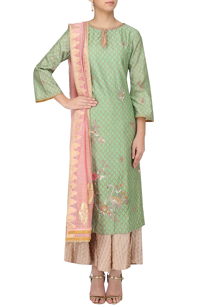 Mint green embroidered kurta with palazzo pants set available only at Pernia's Pop Up Shop.