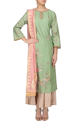 Mint Green Embroidered Kurta with Palazzo Pants Set by KAIA