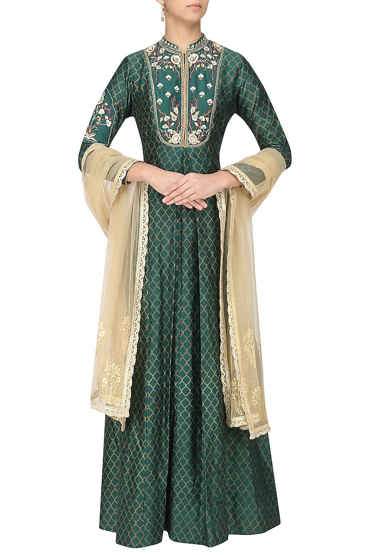 Peacock green embroidered anarkali set available only at Pernia's Pop Up Shop.