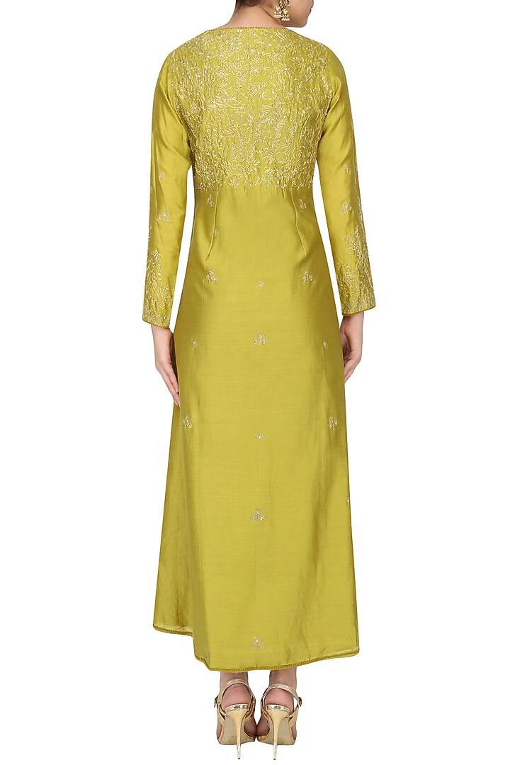 Moss green embroidered asymmetric kurta set available only at Pernia's Pop Up Shop.
