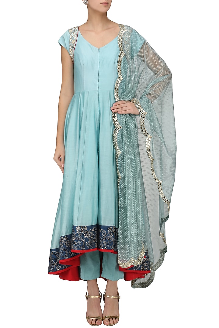 Powder blue embroidered jacket with palazzo pants set available only at Pernia's Pop Up Shop.