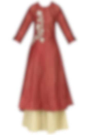 Red Embroidered Asymmetric Kurta with Palazzo Pants Set by KAIA