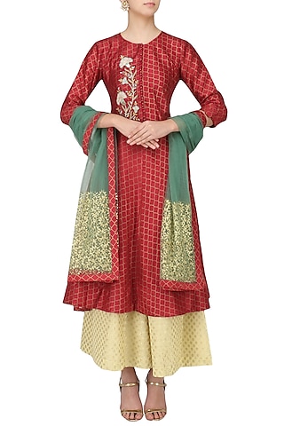 Red Embroidered Asymmetric Kurta with Palazzo Pants Set by KAIA